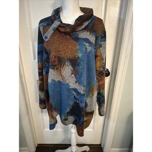 Pure Essence Waffle Multi Printed Tunic Size 1X‎ Cowl Neck Ling Sleeves